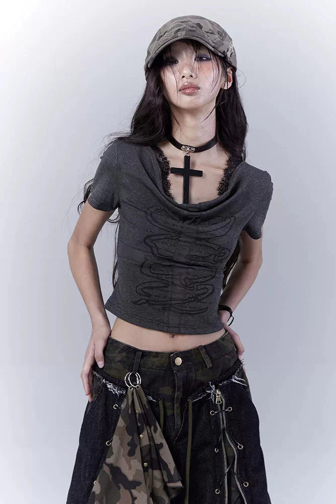 Dark Slim Lace Cross Top