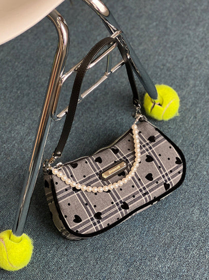 American Retro Sweet Cool Love Plaid Pearl Handle Shoulder Bag