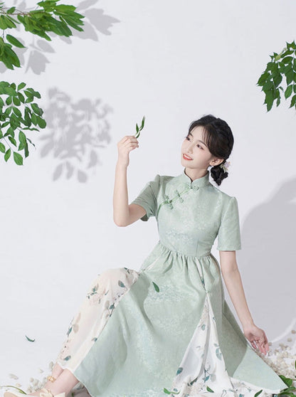 Retro Buckle Stand Collar High Waist Chinese-style Dress