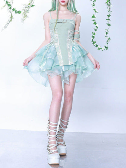 Fairy Fragrance Turquoise Green Tiered Suspender Dress