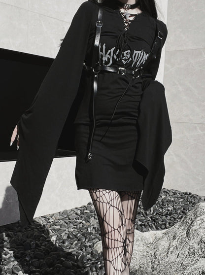 Dark Lace-up V Neck Gothic a Line Dress