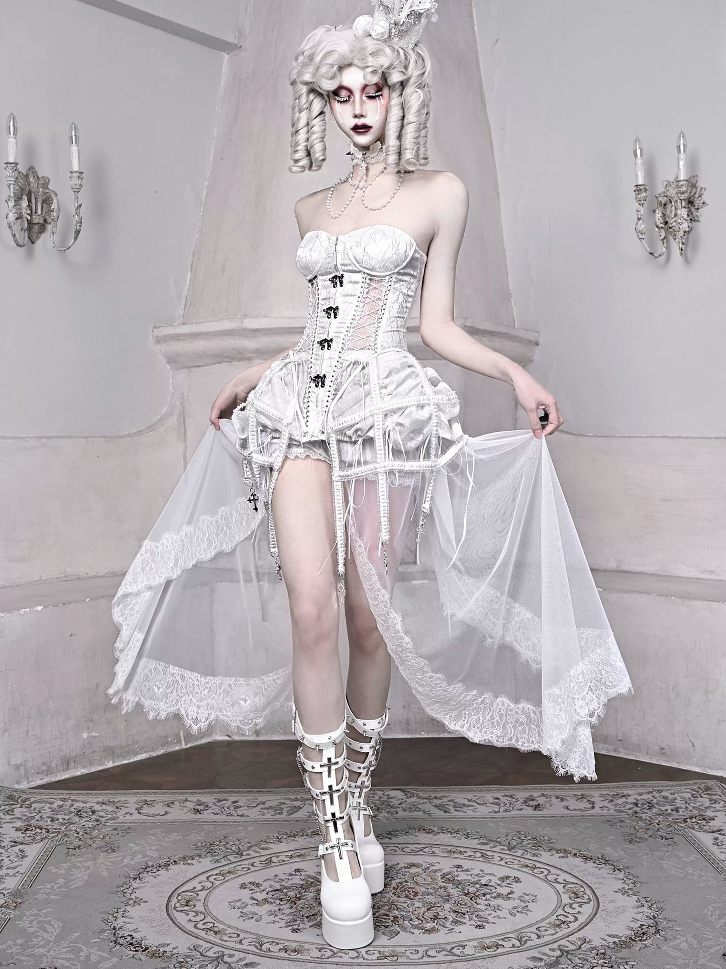 Sleeping Alice White Gothic Dark Fishbone Strap Corset Bustier [pre-order]