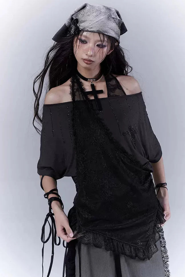 Sheer Off Shoulder Lace Halter Top