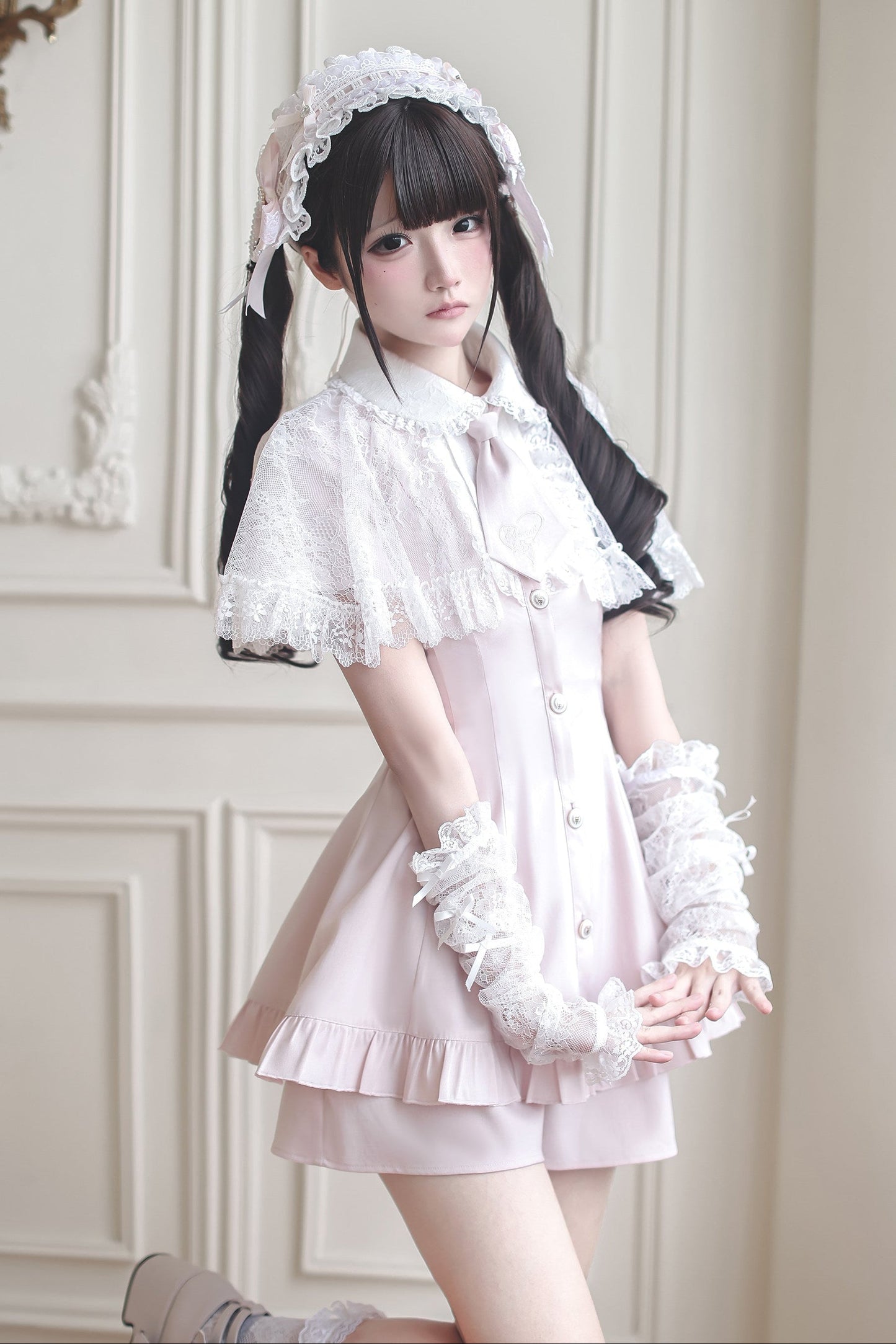 [pre-order Deadline: May 15] Pink Lace Cape Design Tie Color Dress Suit Full Set + Accessories