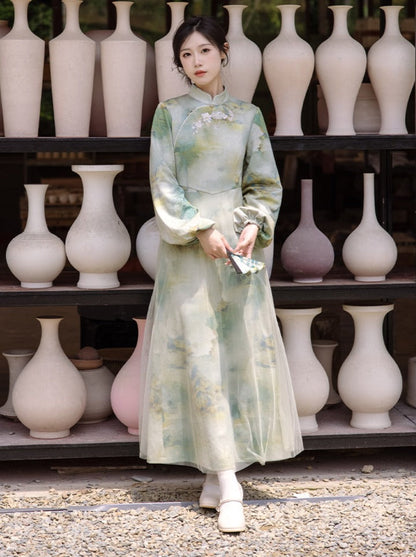 Marbled Green Half Neck Chinese-style Dress