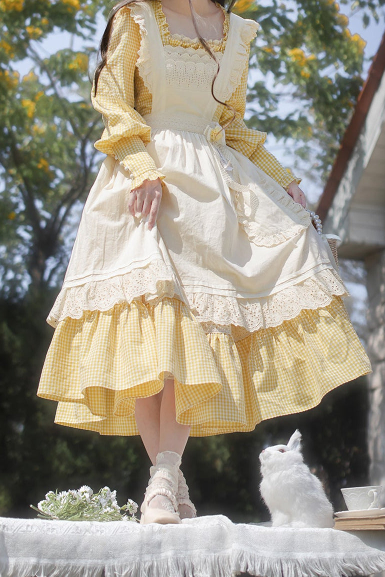 [pre-order] Retro Girly Yellow Dress + Apron + Ribbon