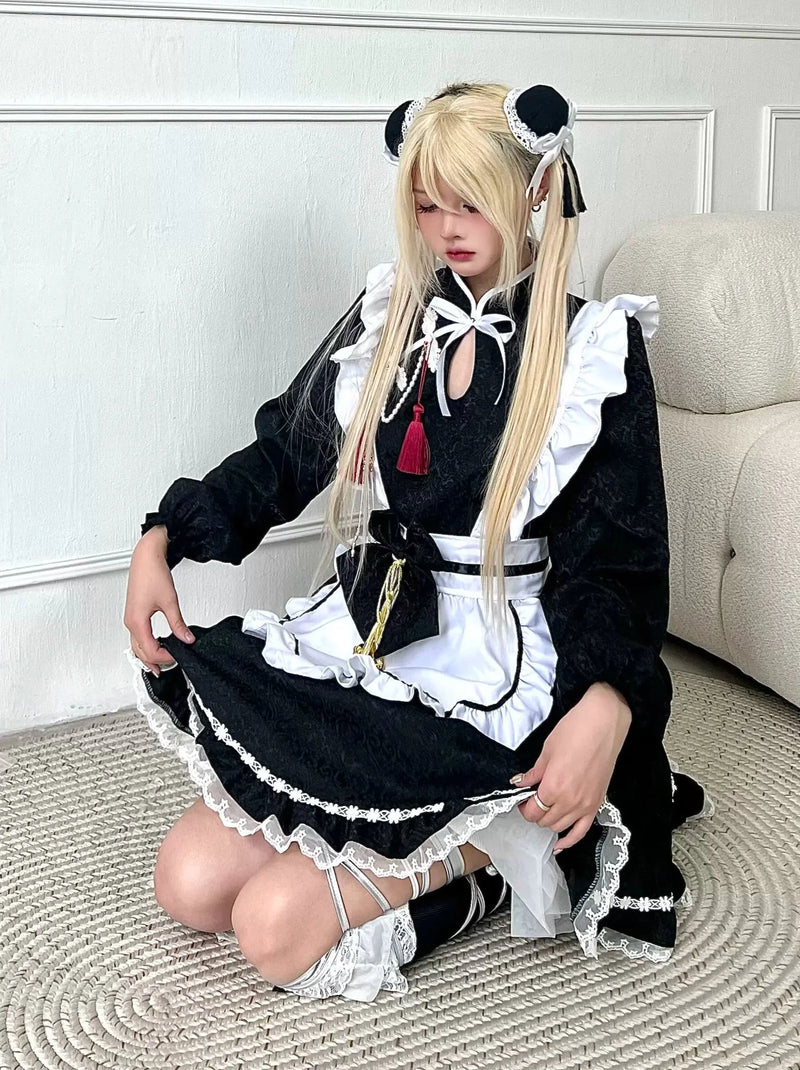 Black White Chinese-style Maid Ribbon Apron Dress Set [short Sleeve / Long Sleeve]