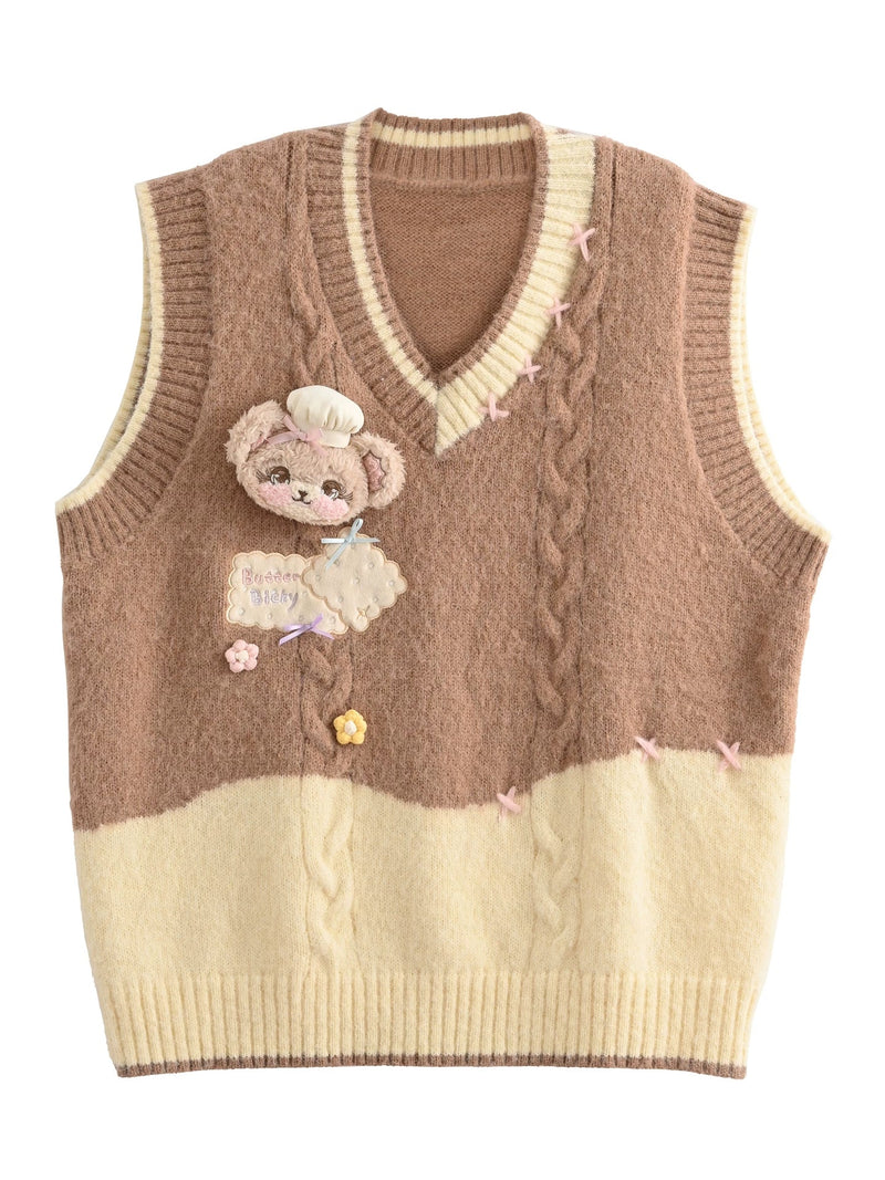 Sweet Bear Embroidered Knitted Vest + Cardigan