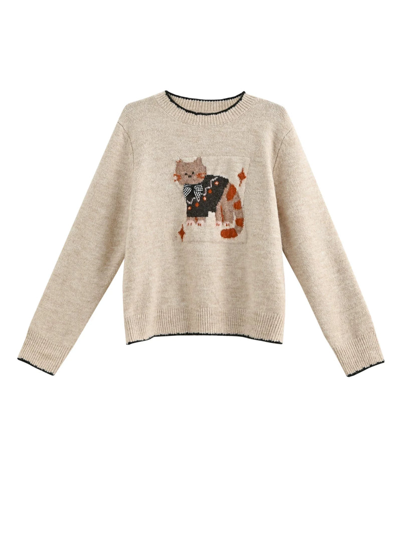 Cat Jacquard Color Block Sweater
