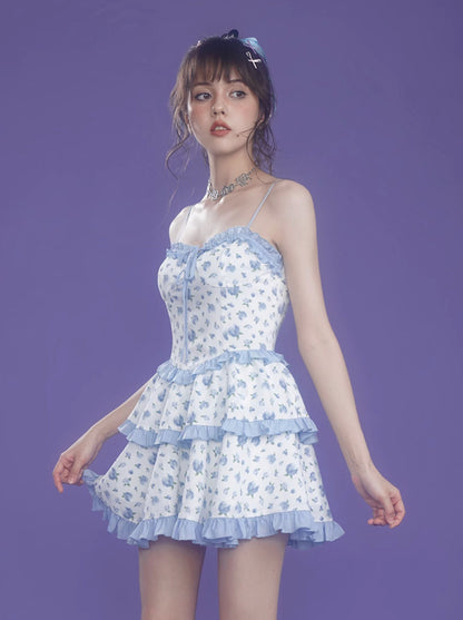 Pure Desire Blue Rose Tiered Suspender Dress + Short Pants