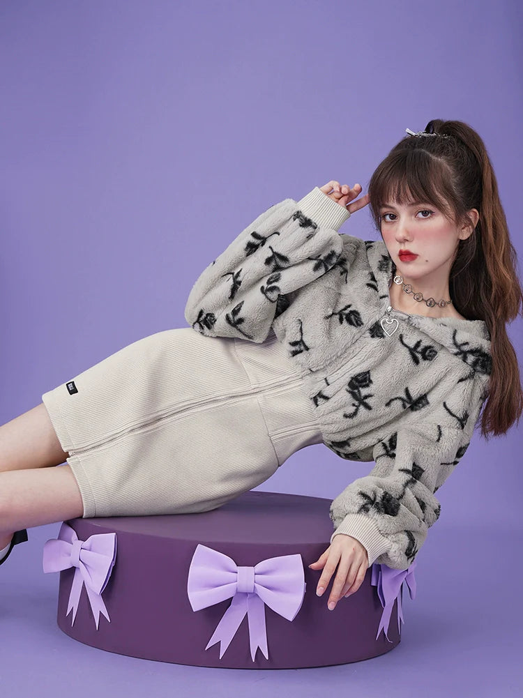 Pure Desire Rose Fur Hoodie Zip Skirt Dress
