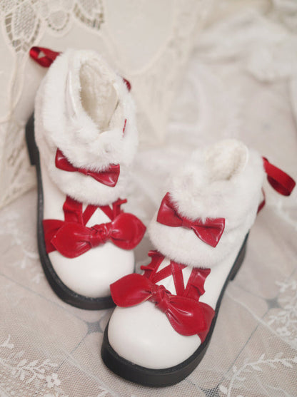 Snow Lolita Mid-heel Color Block Ribbon Sweet Velvet Short Boots