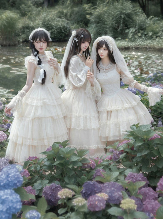 [pre-order] Pure White Girly Lolita Dress + Cardigan + Inner Top + Veil + Sleeves