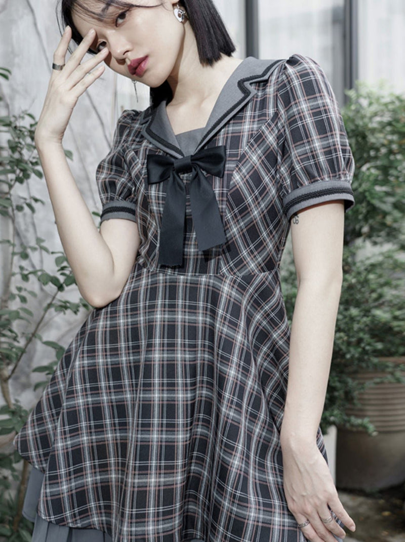 Plaid Bow Sailor Layered Dress