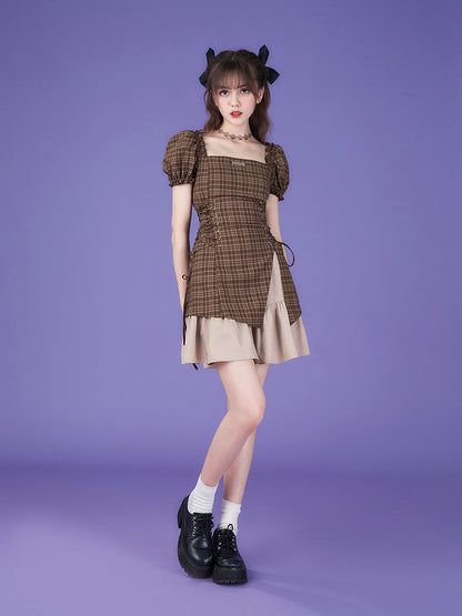Pure Cool Design Coffee Color Plaid Dress