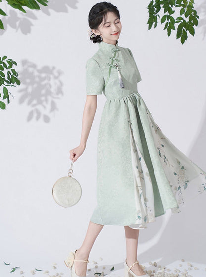 Retro Buckle Stand Collar High Waist Chinese-style Dress