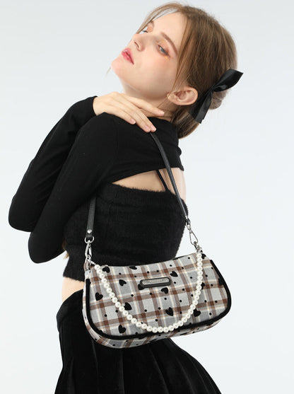 American Retro Sweet Cool Love Plaid Pearl Handle Shoulder Bag