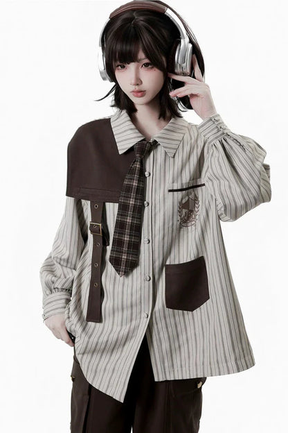 Striped Shirt Dress + Shirt + Cargo Pants + Tie