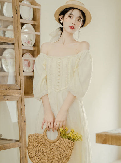 French Square Neck Lantern Sleeve Dress