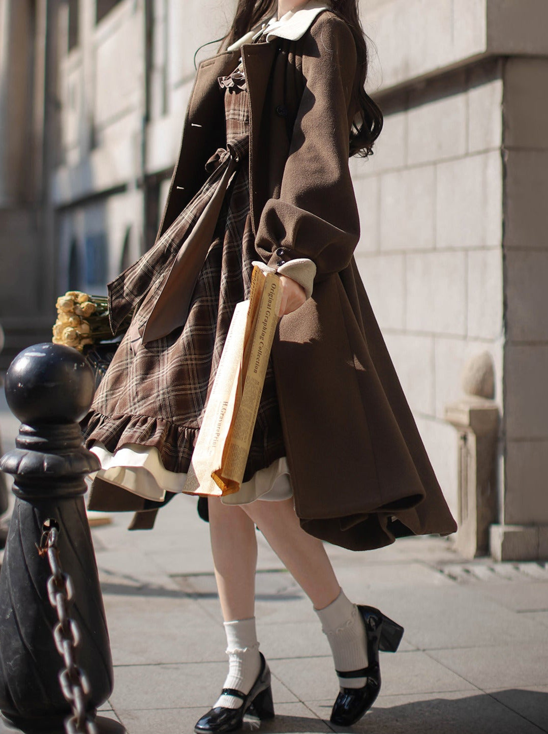 Retro Brown Plaid Volume Sleeveless Layered Dress + Pearl Ribbon Accessory + Classic Belt Coat [pre-order]