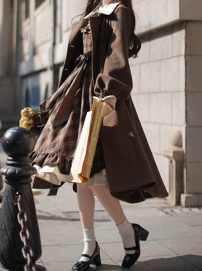 Retro Brown Plaid Volume Sleeveless Layered Dress + Pearl Ribbon Accessory + Classic Belt Coat [pre-order]