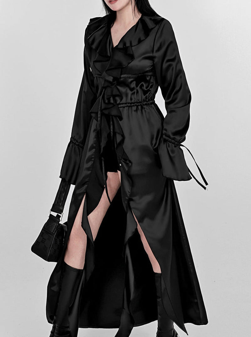 Ruffle Lace Drawstring Waist Shirt Extra Long Jacket
