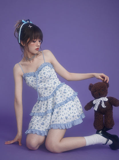 Pure Desire Blue Rose Tiered Suspender Dress + Short Pants