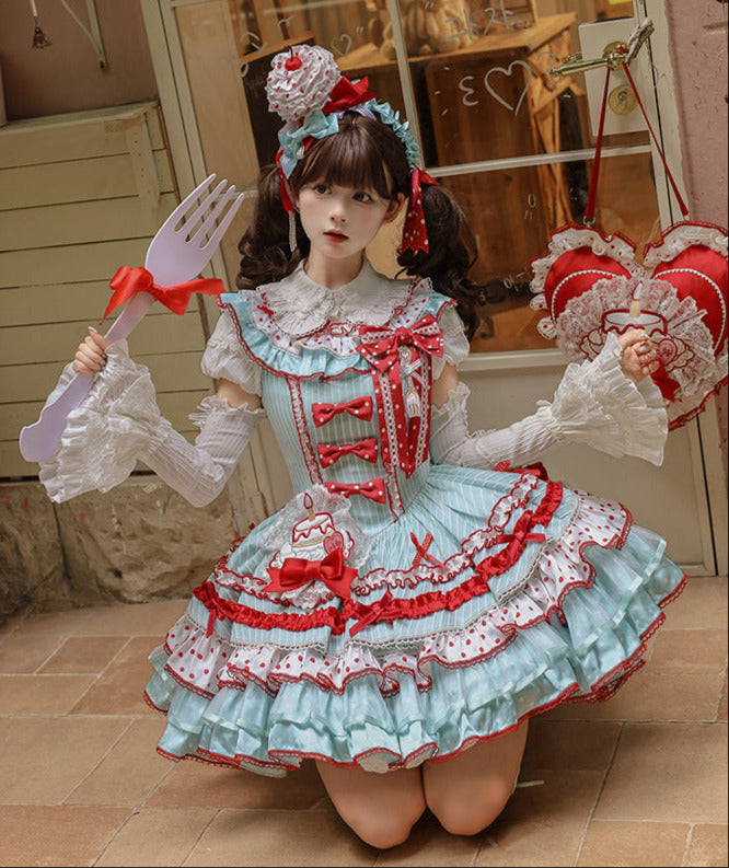 [pre-order Deadline: April 3] Twin Tiered Lolita Dot Ribbon Striped Dress + Flower Bud Skirt Dress