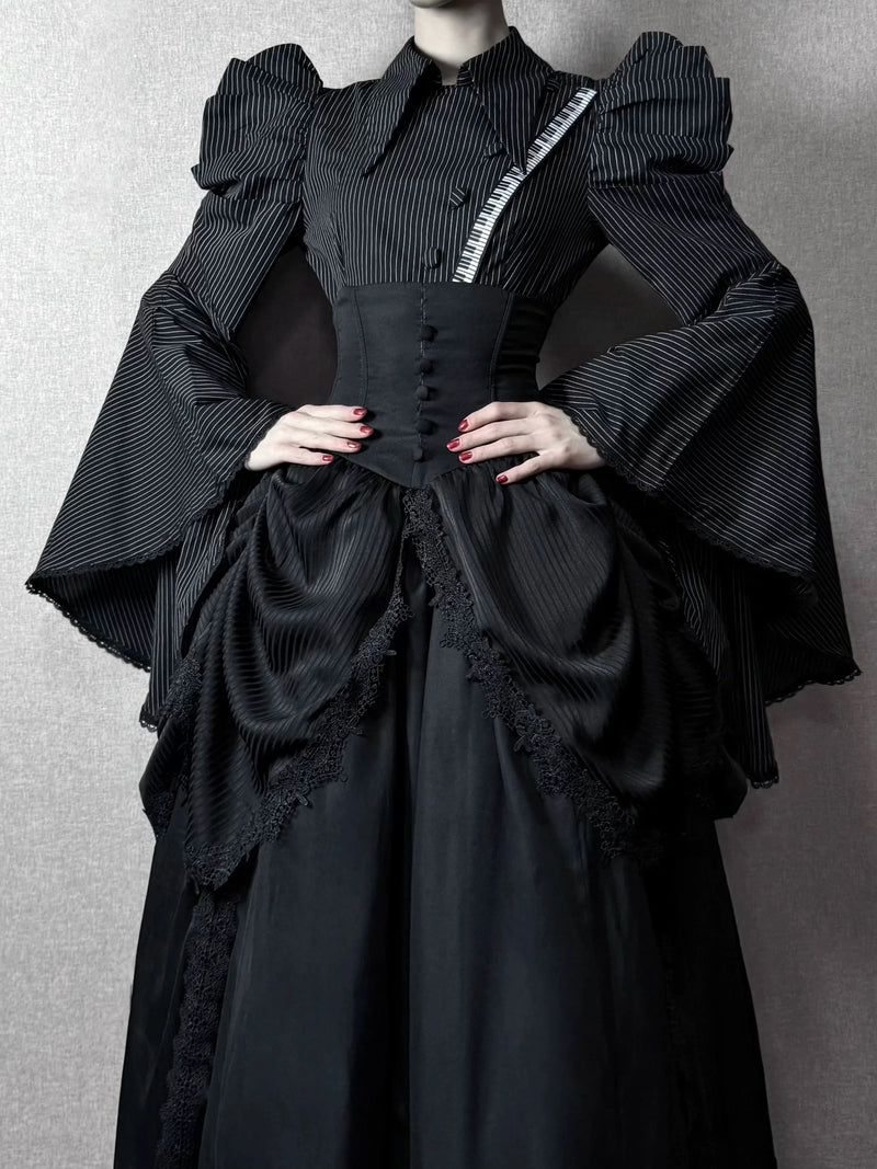 [pre-order Deadline: April 13] Piano Stripe Gothic Lolita Volume Puff Flare Sleeve Shirt Type A/b