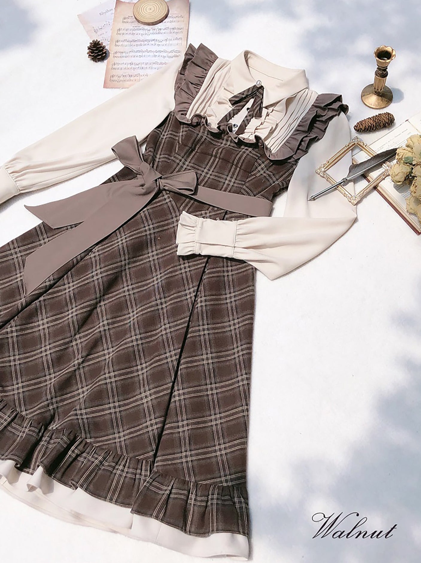 Retro Brown Plaid Volume Sleeveless Layered Dress + Pearl Ribbon Accessory + Classic Belt Coat [pre-order]