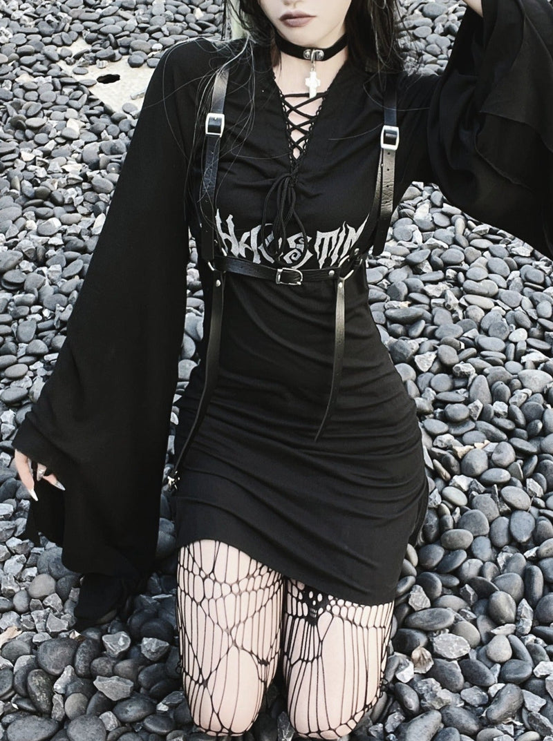 Dark Lace-up V Neck Gothic a Line Dress