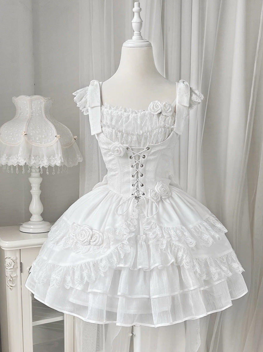 Lolita Wedding Rose Lace-up Tiered Bustier & Suspender Dress Set