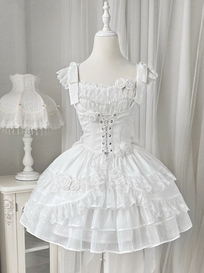 Lolita Wedding Rose Lace-up Tiered Bustier & Suspender Dress Set