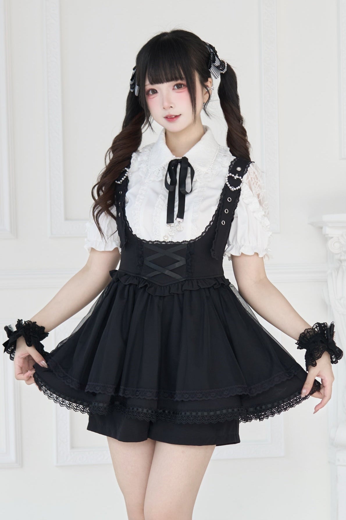 [pre-order] Spray Sheer Lace Sleeve Ribbon Shirt + Strap Bustier Dress