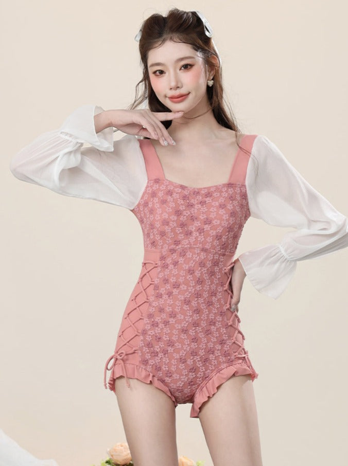 Salmon Pink Square Neckline Swimsuit