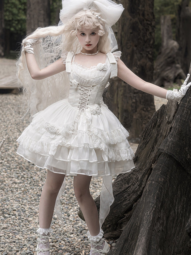 Lolita Wedding Rose Lace-up Tiered Bustier & Suspender Dress Set