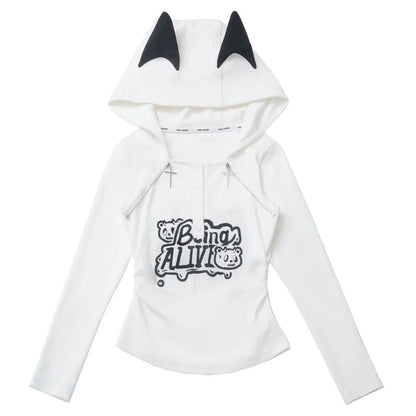 Cat Ear Hooded Top + Loose Knit Sweater + Cargo Pants + Strap Skirt