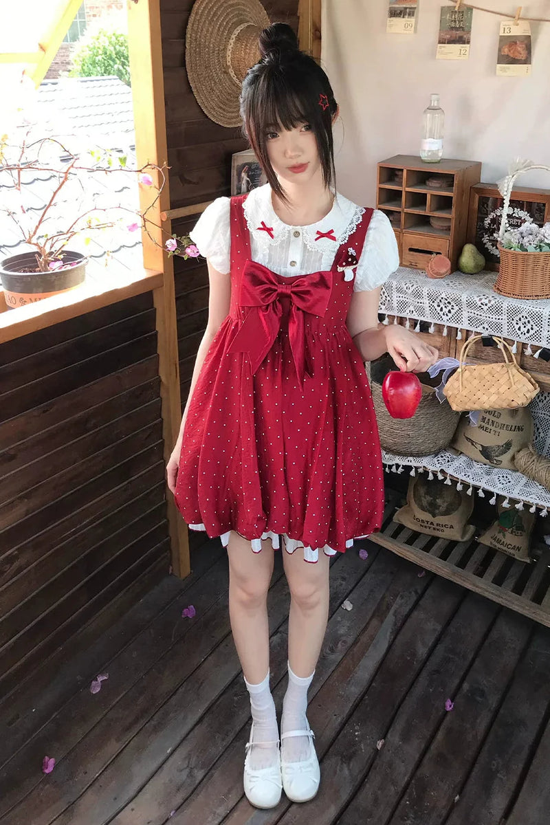 Ribbon Collar Top + Polka Dot Suspender Skirt