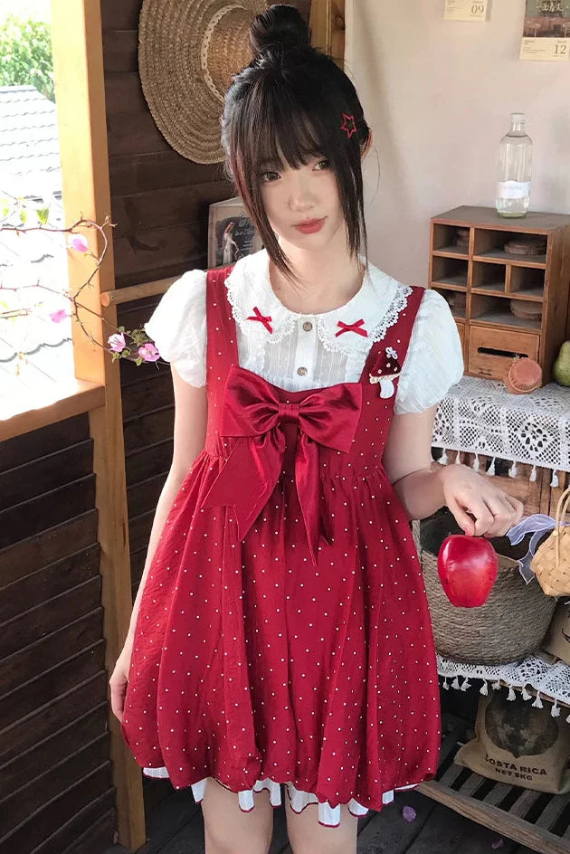 Ribbon Collar Top + Polka Dot Suspender Skirt