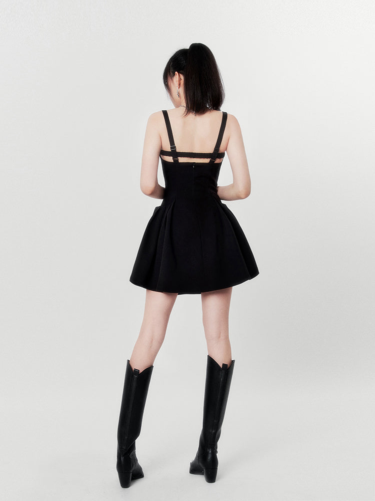 Hot Girl Black & Gray Square Neck French High End Suspender Dress