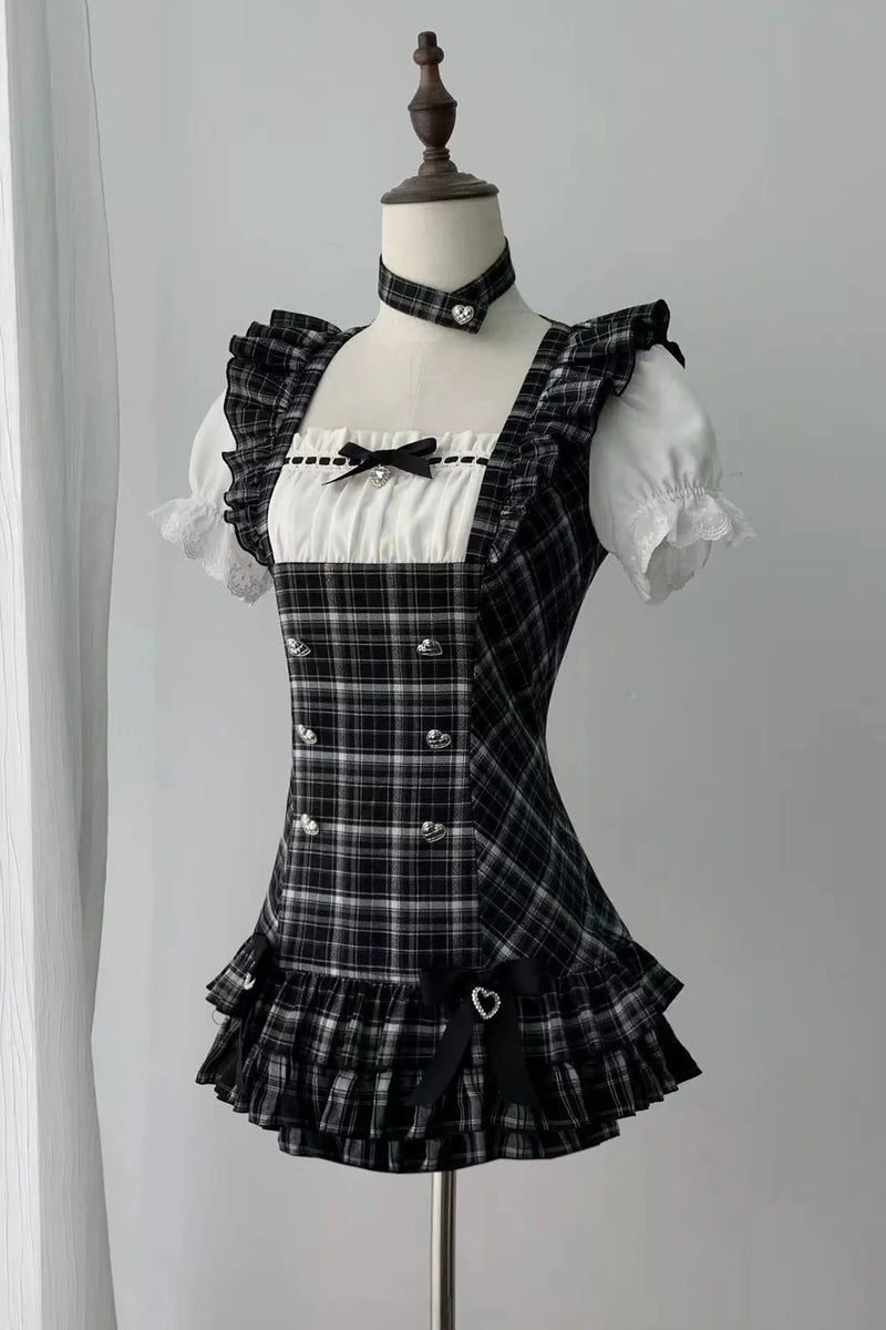 [pre-order Deadline: April 29] Black Check Ruffle Ribbon Puff Sleeve Mini Dress Set + Choker