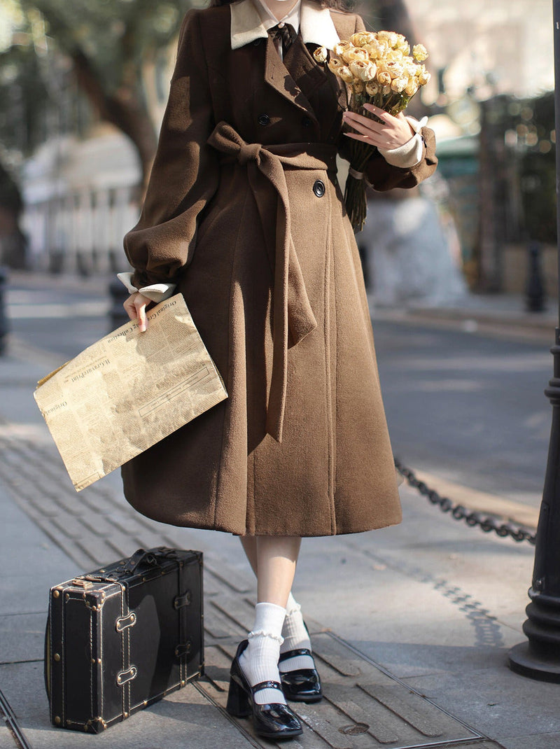 Retro Brown Plaid Volume Sleeveless Layered Dress + Pearl Ribbon Accessory + Classic Belt Coat [pre-order]
