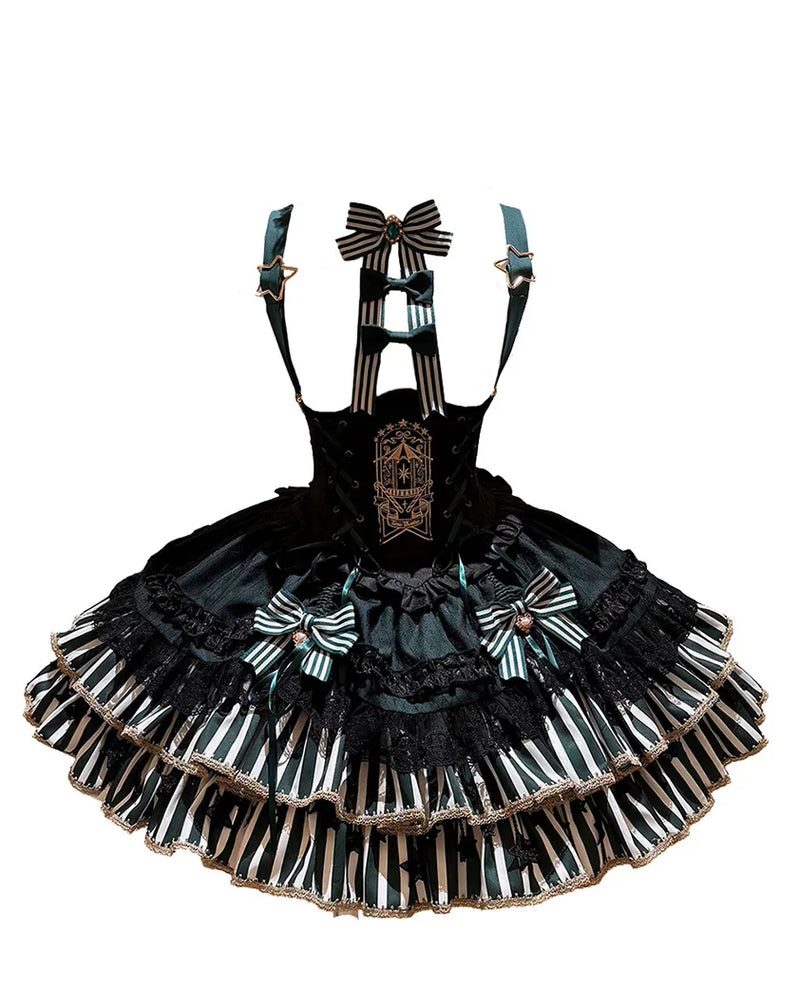 [pre-order Deadline: May 20] Magical Girl Lolita Lace Puff Sleeve Shirt + Black X Green Ribbon Corset Tiered Dress + Mini Hat