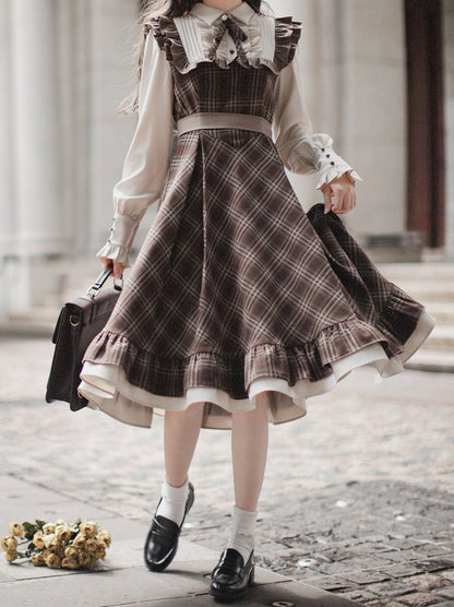 Retro Brown Plaid Volume Sleeveless Layered Dress + Pearl Ribbon Accessory + Classic Belt Coat [pre-order]