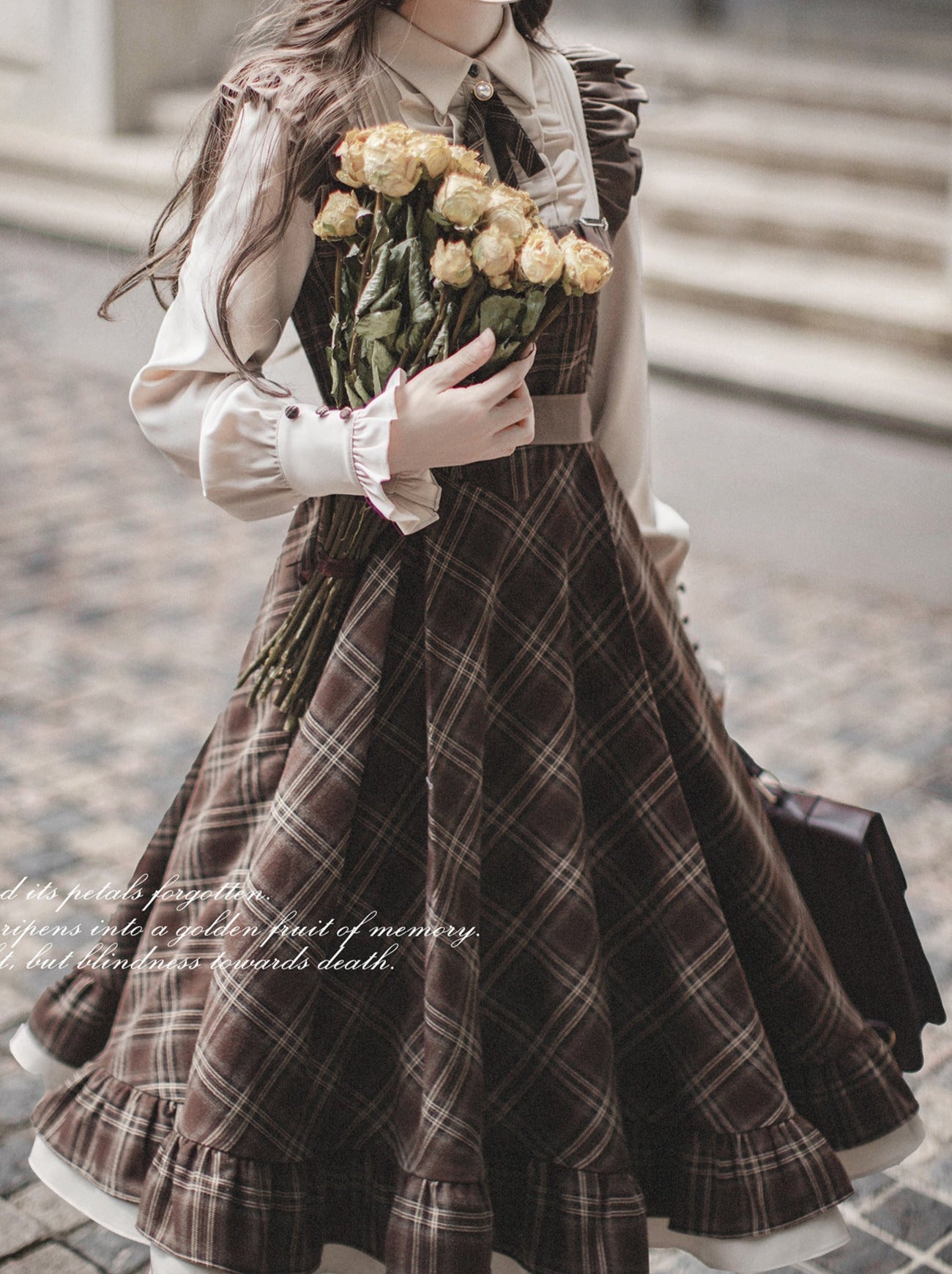 Retro Brown Plaid Volume Sleeveless Layered Dress + Pearl Ribbon Accessory + Classic Belt Coat [pre-order]