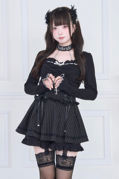 [pre-order] Choker Neck Square Ruffle Knit Top + Gothic Cross Lace Up Skirt