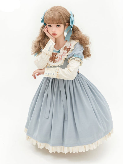 [pre-order] Lolita Teddy Bear Flap Lace Puff Sleeve Ribbon Dress