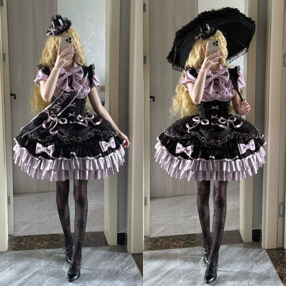[order Deadline: May 12] Black Purple Lolita Idol Ribbon Puff Sleeve Shirt + Corset Tulle Pull-up Jks Dress Set
