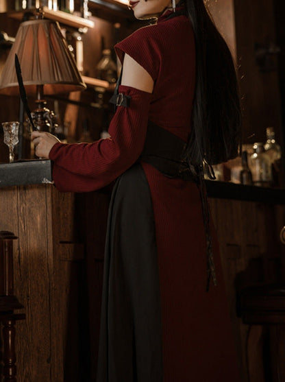 Retro Wine Red Black Oriental Chinese-style Trumpet Sleeve Long Dress