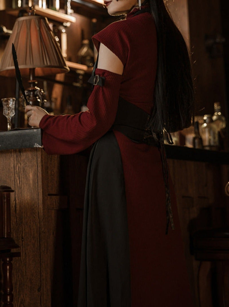 Retro Wine Red Black Oriental Chinese-style Trumpet Sleeve Long Dress